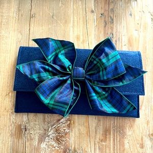 Navy Clutch Purse with Plaid Bow